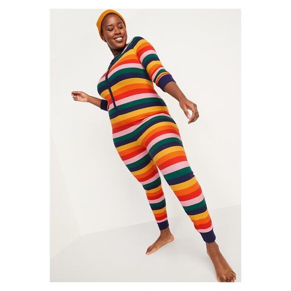 Old Navy Rainbow Stripe Waffle Knit Pajama Thermal Onesie Sz.L NWT - Picture 1 of 14